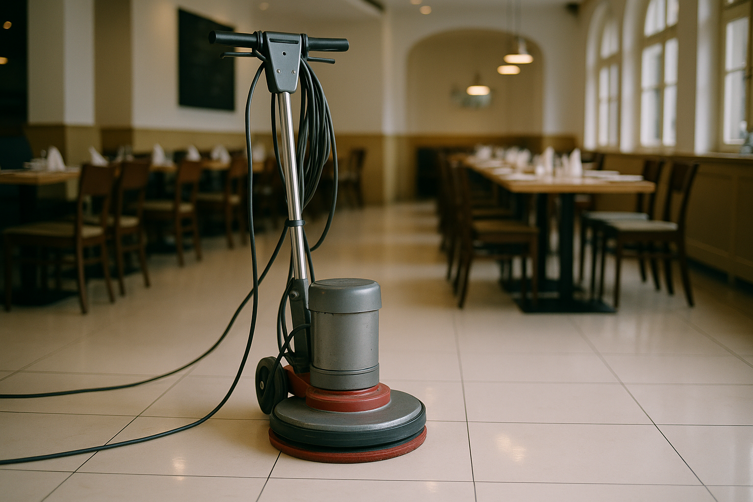 Numatic HFM1515 Einscheibenmaschine im Praxistest auf glänzendem Restaurantboden